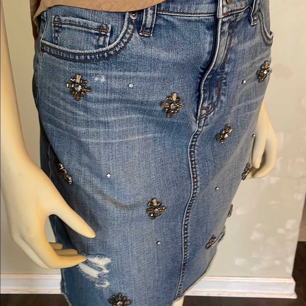 LOFT Tan Top and Blue Denim Skirt - Picture 4 of 4